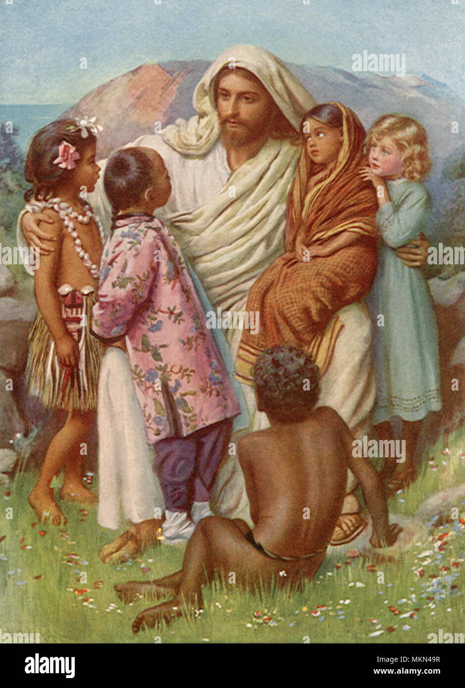 Jesus Christus von Kindern umgeben Stockfoto
