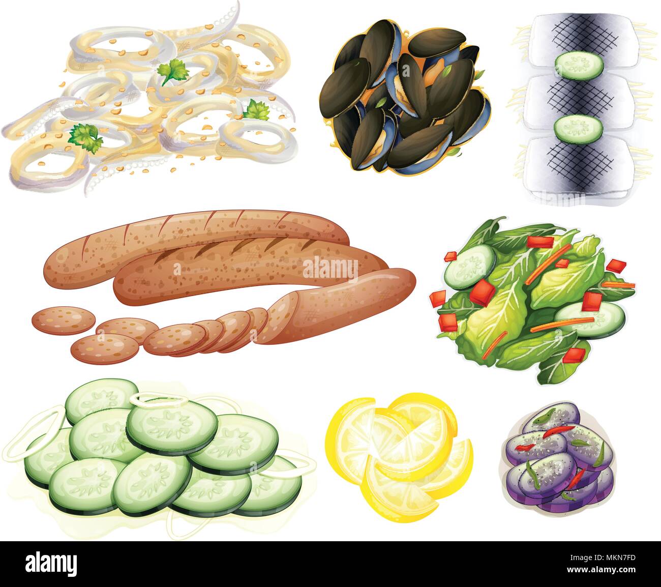 Essen und Gemüse auf weißem Hintergrund Abbildung Stock Vektor