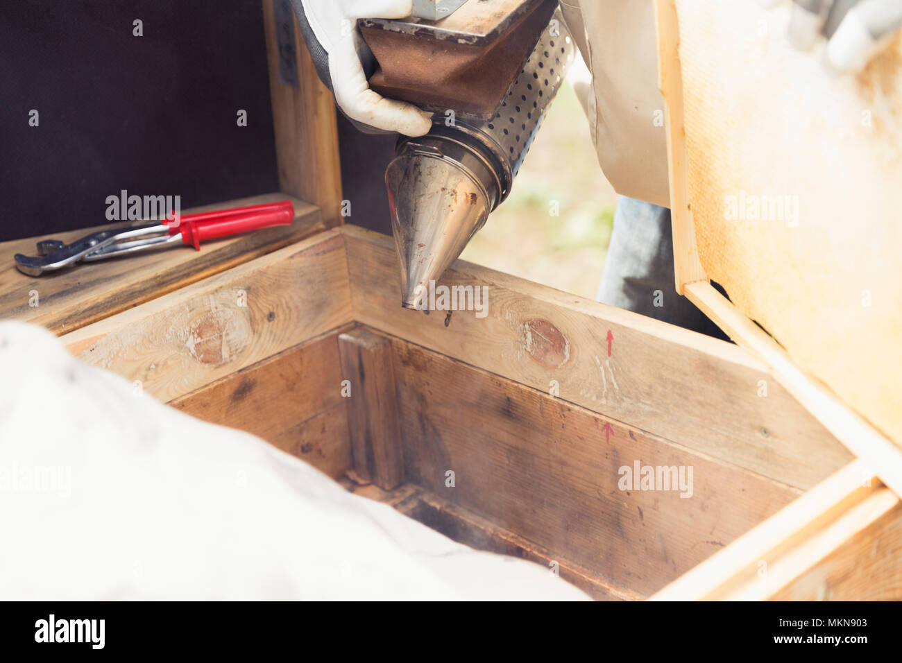 Imker ist die Arbeit mit Bienen und Bienenkörbe auf die Imkerei. Biene Raucher Werkzeug verwendet wird - Imker Bienen weg von zu halten hive Stockfoto