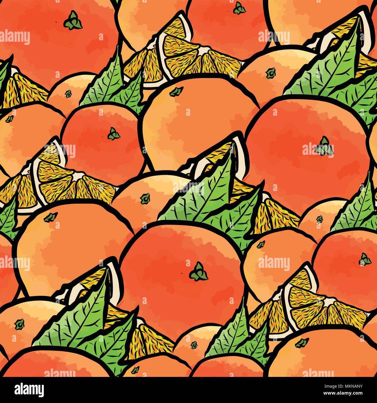 Vektor nahtlose Muster von Orangen. von Hand gezeichnet und farbige Abbildung Stock Vektor