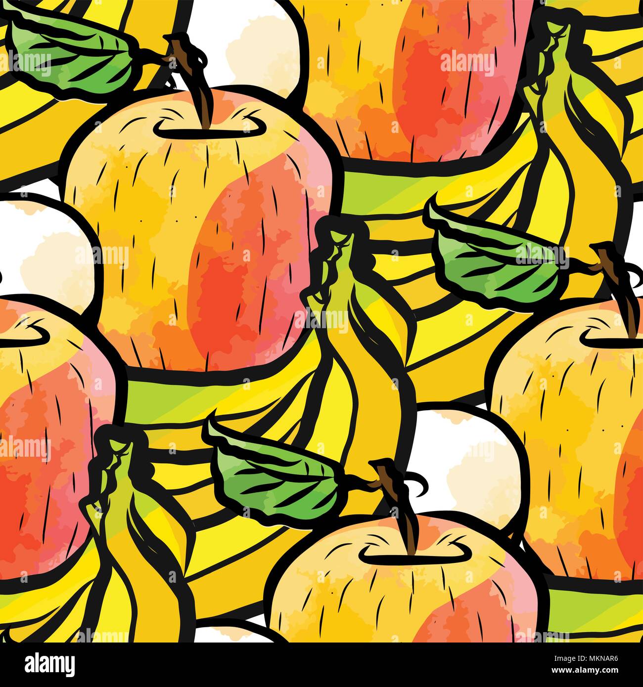Vektor nahtlose Muster von Bananen und Äpfel. Von Hand gezeichnet und farbige Abbildung Stock Vektor