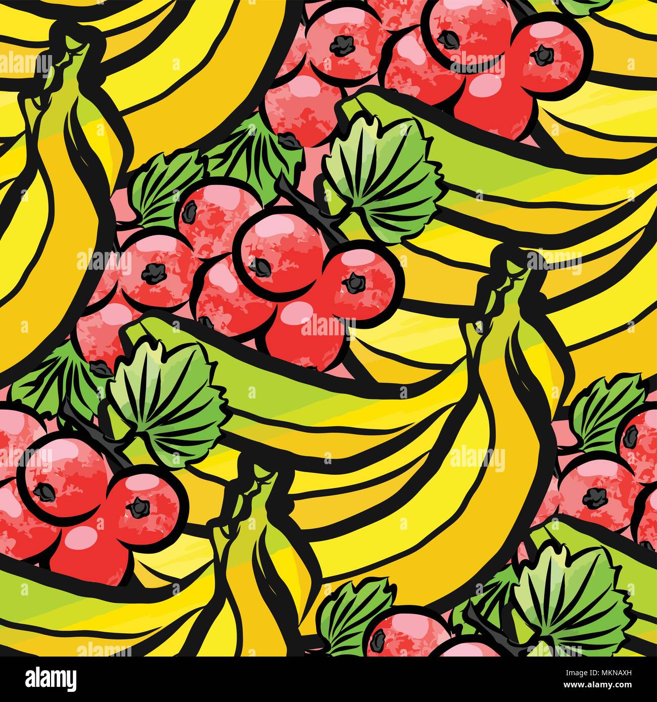 Vektor nahtlose Muster von Johannisbeere und Bananen. Von Hand gezeichnet und farbige Abbildung Stock Vektor