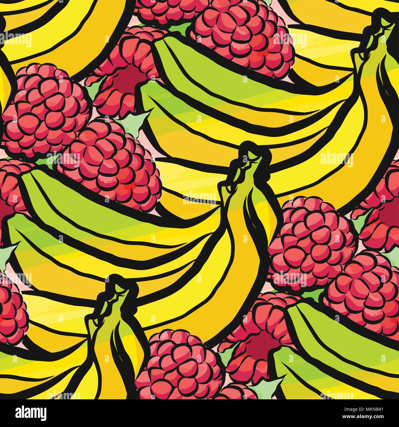 Vektor nahtlose Muster von Himbeeren und Bananen. Von Hand gezeichnet und farbige Abbildung Stock Vektor
