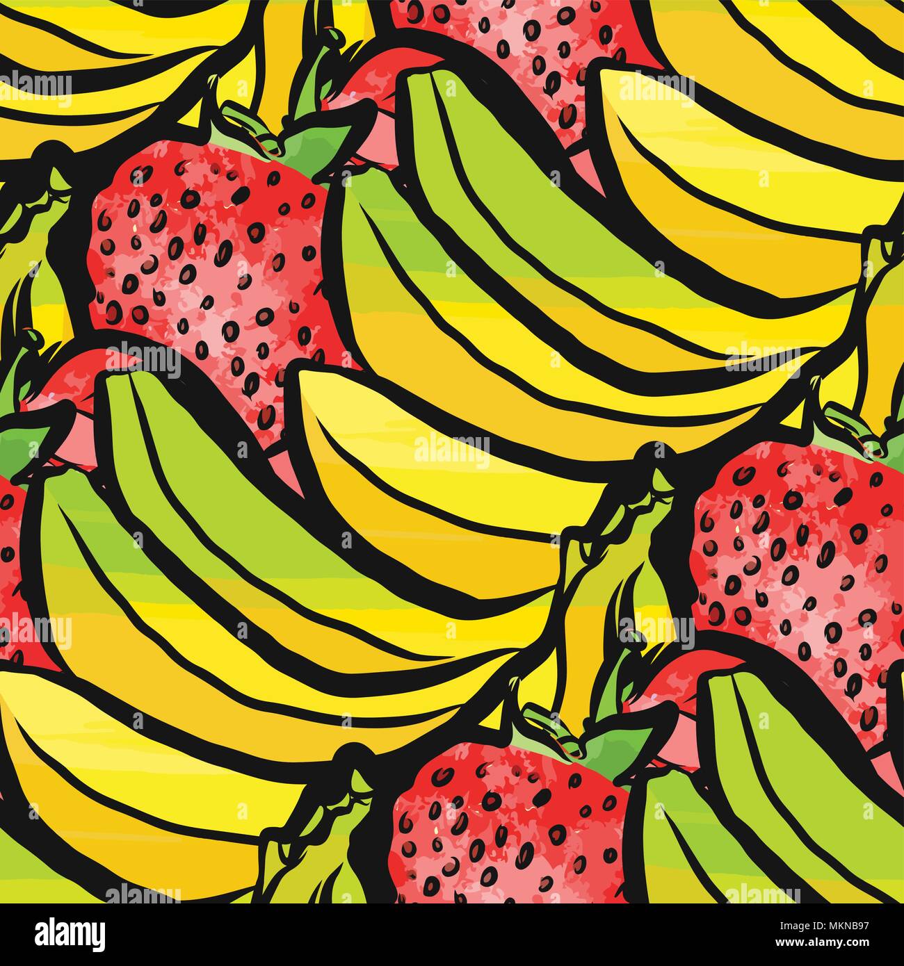 Vektor nahtlose Muster von Erdbeeren und Bananen. Von Hand gezeichnet und farbige Abbildung Stock Vektor