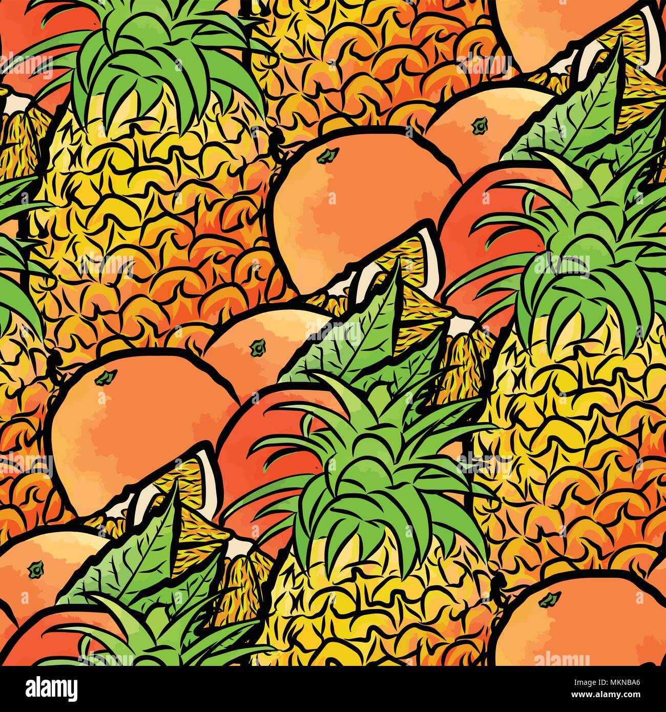 Vektor nahtlose Muster von Ananas und Orangen. Von Hand gezeichnet und farbige Abbildung Stock Vektor