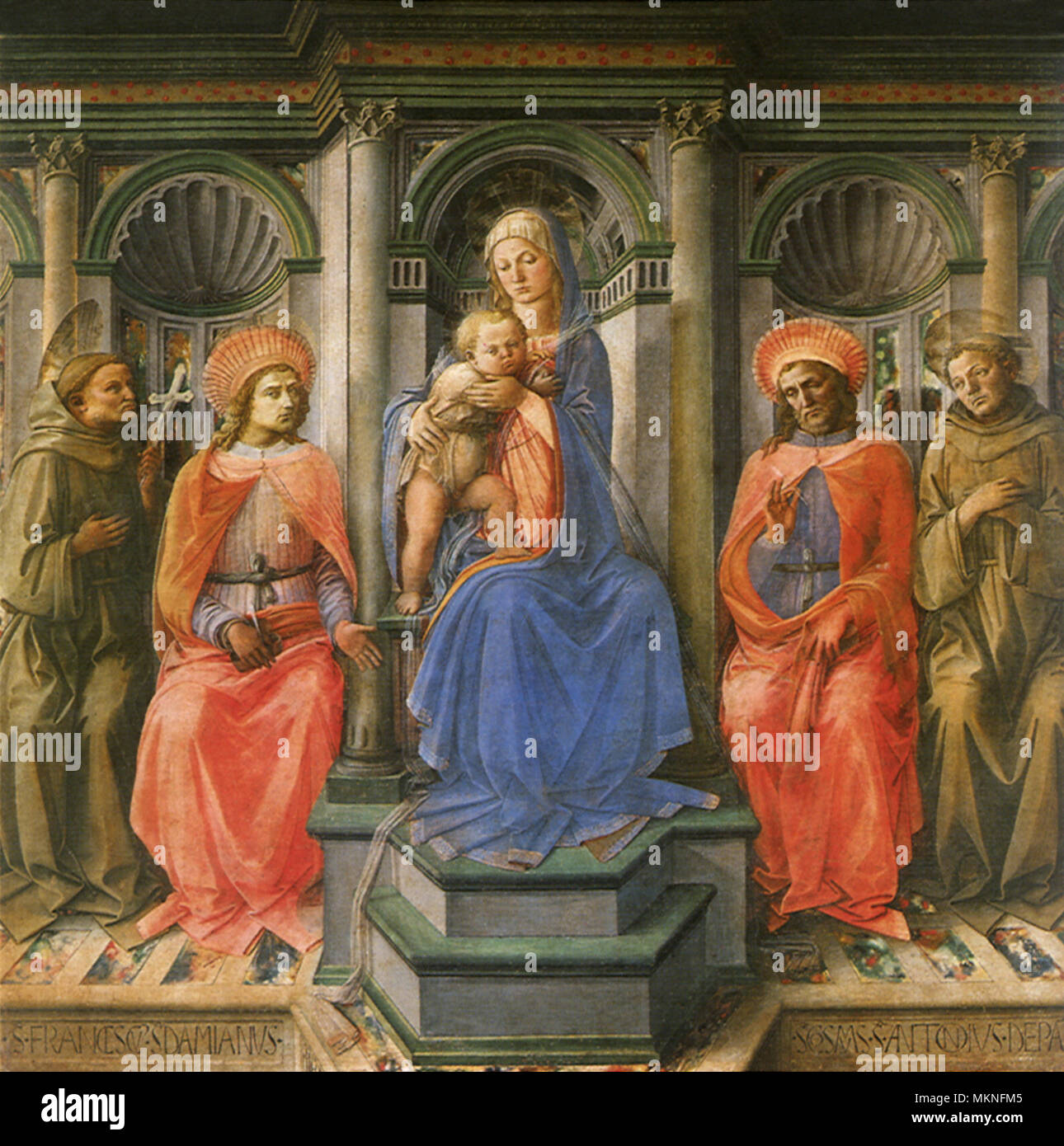 Madonna auf dem Thron mit vier Heiligen Stockfoto
