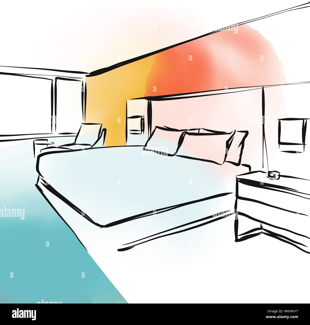 Feng shui Schlafzimmer Konzept Design Skizze, Hand-Vector gezeichnet Abbildung Stock Vektor