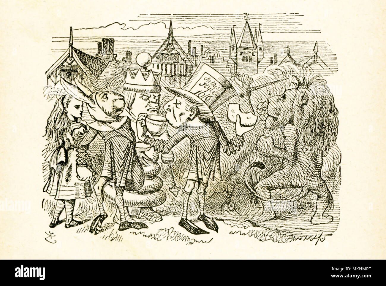 Diese Abbildung wird von "Durch das Schauen-glas und was Alice es' von Lewis Carroll (Charles Lutwidge Dodgson), die diesen Roman 1871 schrieb als Fortsetzung zu 'Alice's Adventures in Wonderland." Hier sehen wir Hatta (Messenger) Tee trinken und Alice und ein Kaninchen in einer Menschenmenge, wo der Löwe und Einhorn Kämpfen gefunden. Stockfoto