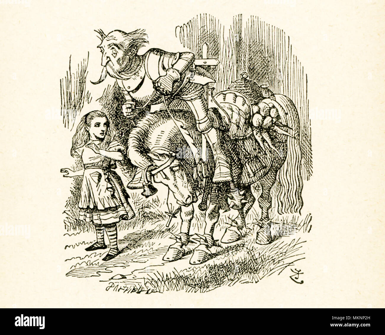 Diese Abbildung von Alice und die alten Ritter zu Pferd wird von "Durch das Schauen-glas und was Alice dort fand" von Lewis Carroll (Charles Lutwidge Dodgson), die diesen Roman 1871 schrieb als Fortsetzung zu 'Alice's Adventures in Wonderland." Der Alte Ritter ist der weiße Ritter und hier er seinem Pferd geworfen wird. Stockfoto
