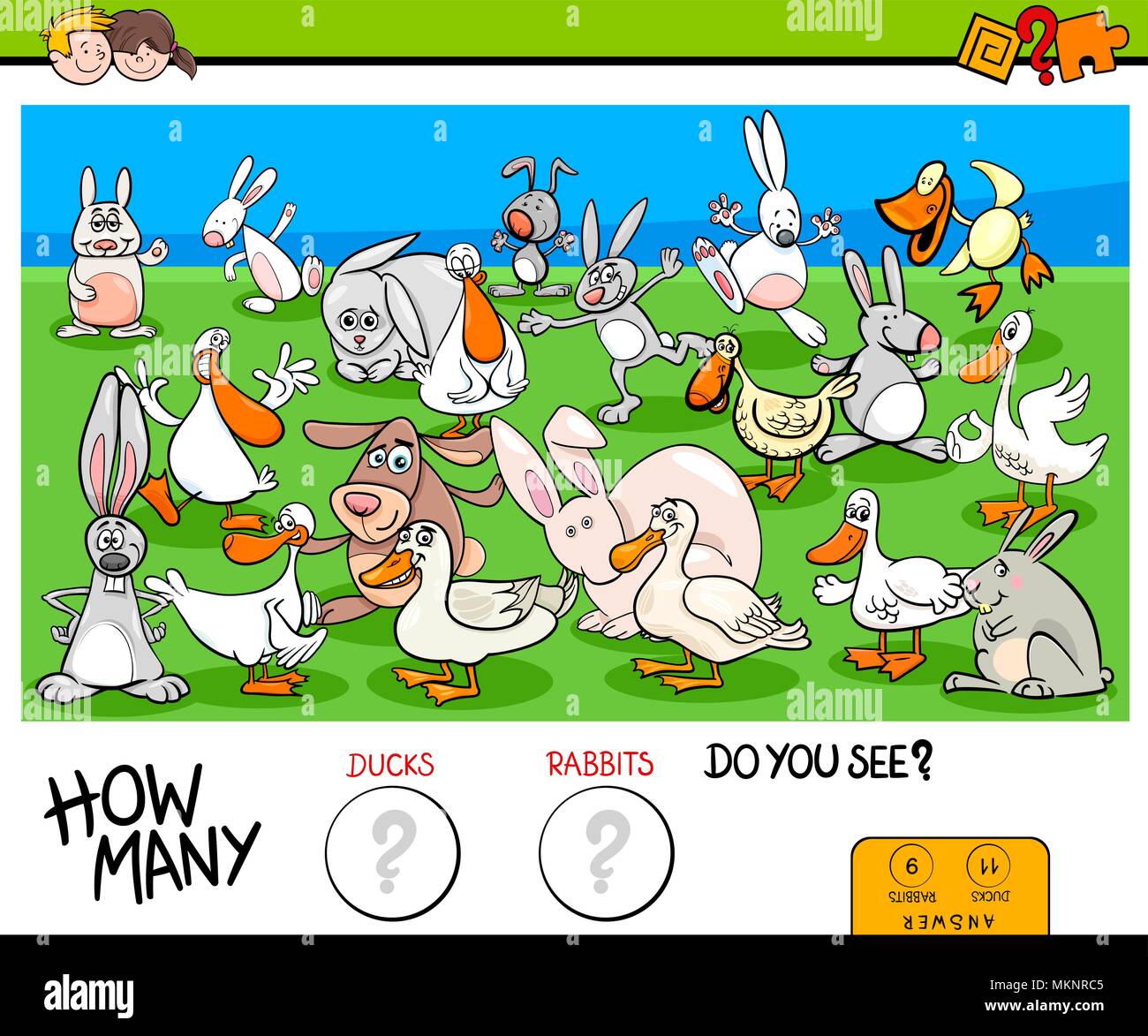 Cartoon Illustration von Bildungseinrichtungen zählen Spiel für Kinder mit Enten und Kaninchen Tiere Zeichen Gruppe Stock Vektor