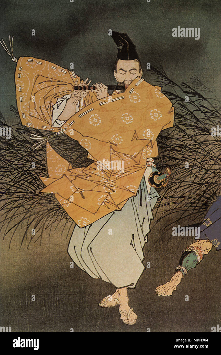 Fujiwara Yasumasa Spielen der Querflöte im Mondschein Stockfoto