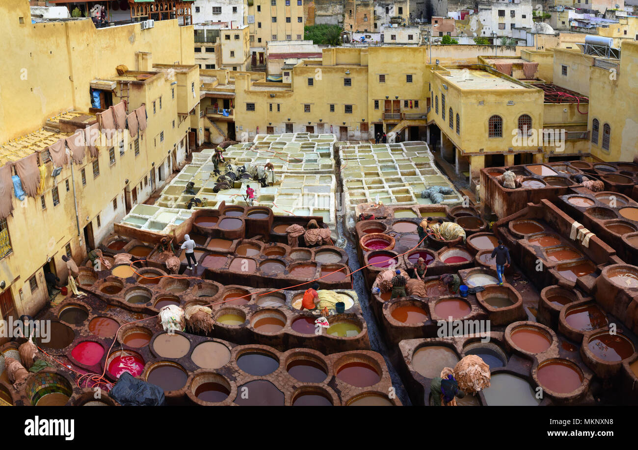 Traditionellen marokkanischen Anlage für die Bearbeitung von Leder und seine Malerei, Lederwaren, Fes, Marokko. Stockfoto