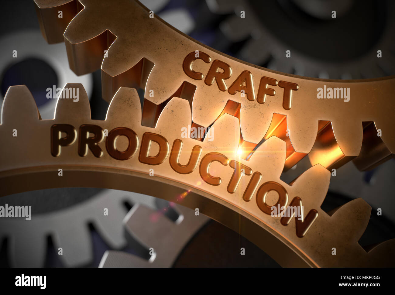 Handwerk Produktion auf goldenen Cog Gears. 3D-Darstellung. Stockfoto