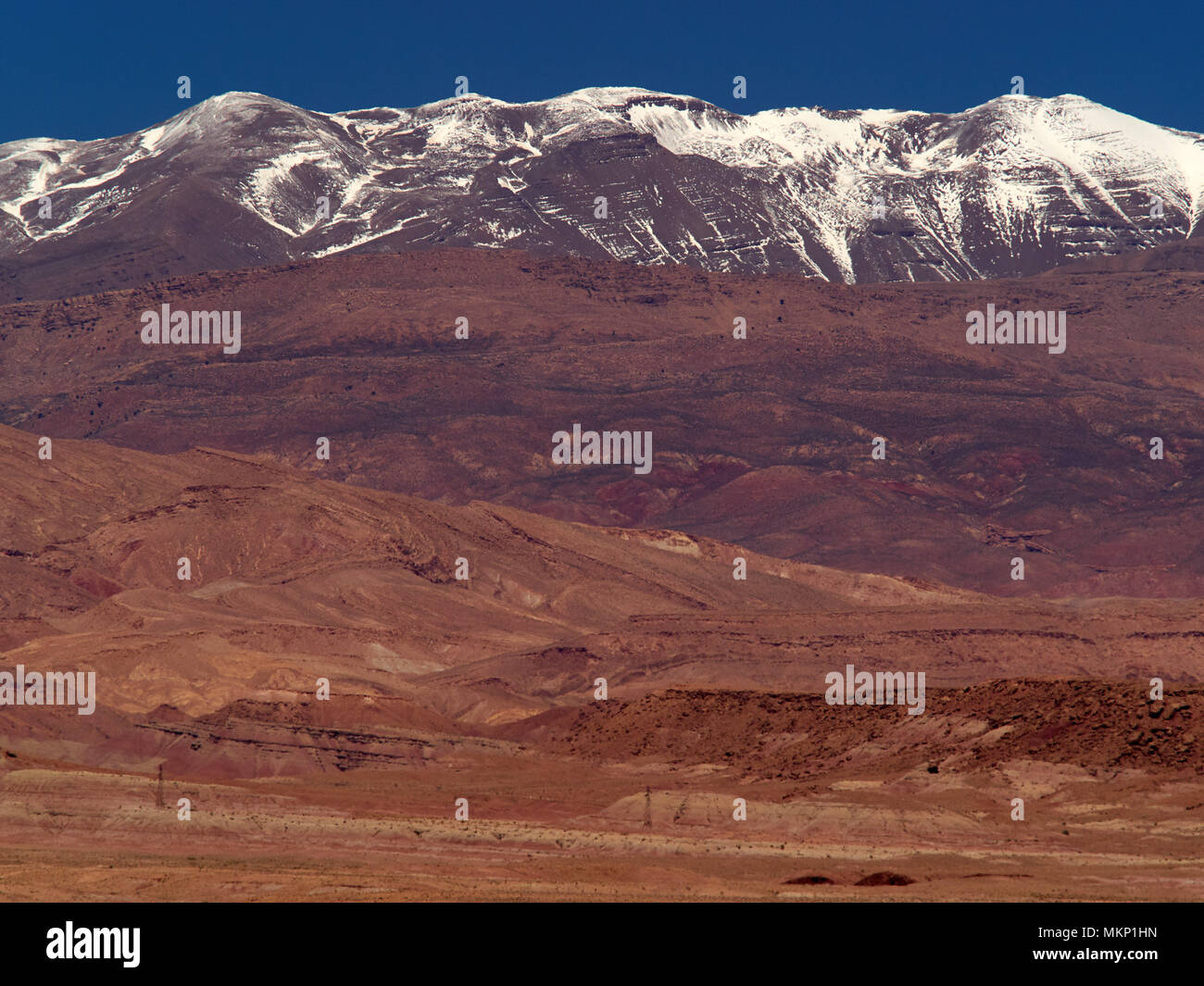 Leuchtend rot und kastanienbraunen Mountain Valley High Atlas, mit schneebedeckten Gipfeln, Marokko. Stockfoto