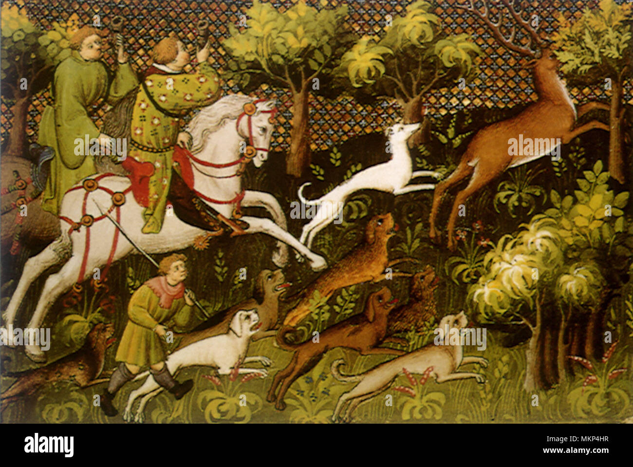 Jäger und Jagdhunde auf Hirschjagd 1445 Stockfoto