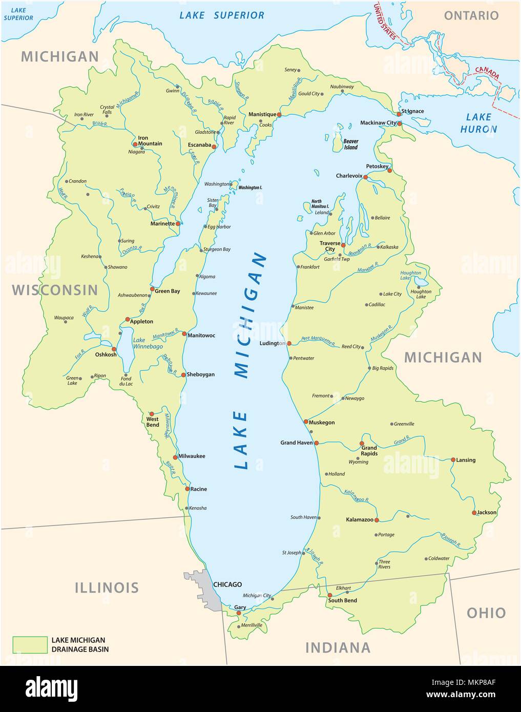 Lake Michigan Einzugsgebiet Vektorkarte Stock Vektor