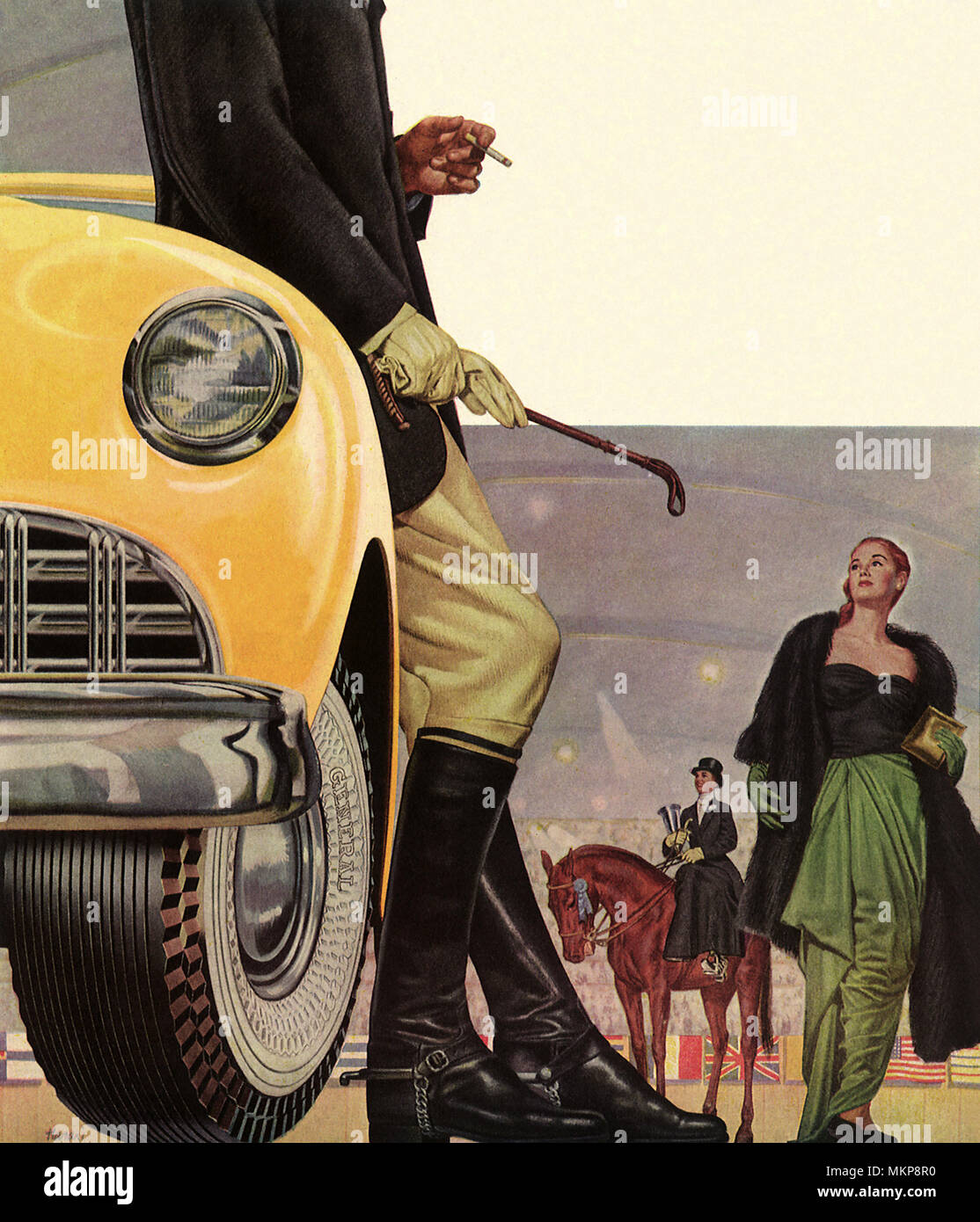 Jockey gegen Auto gelehnt Stockfoto