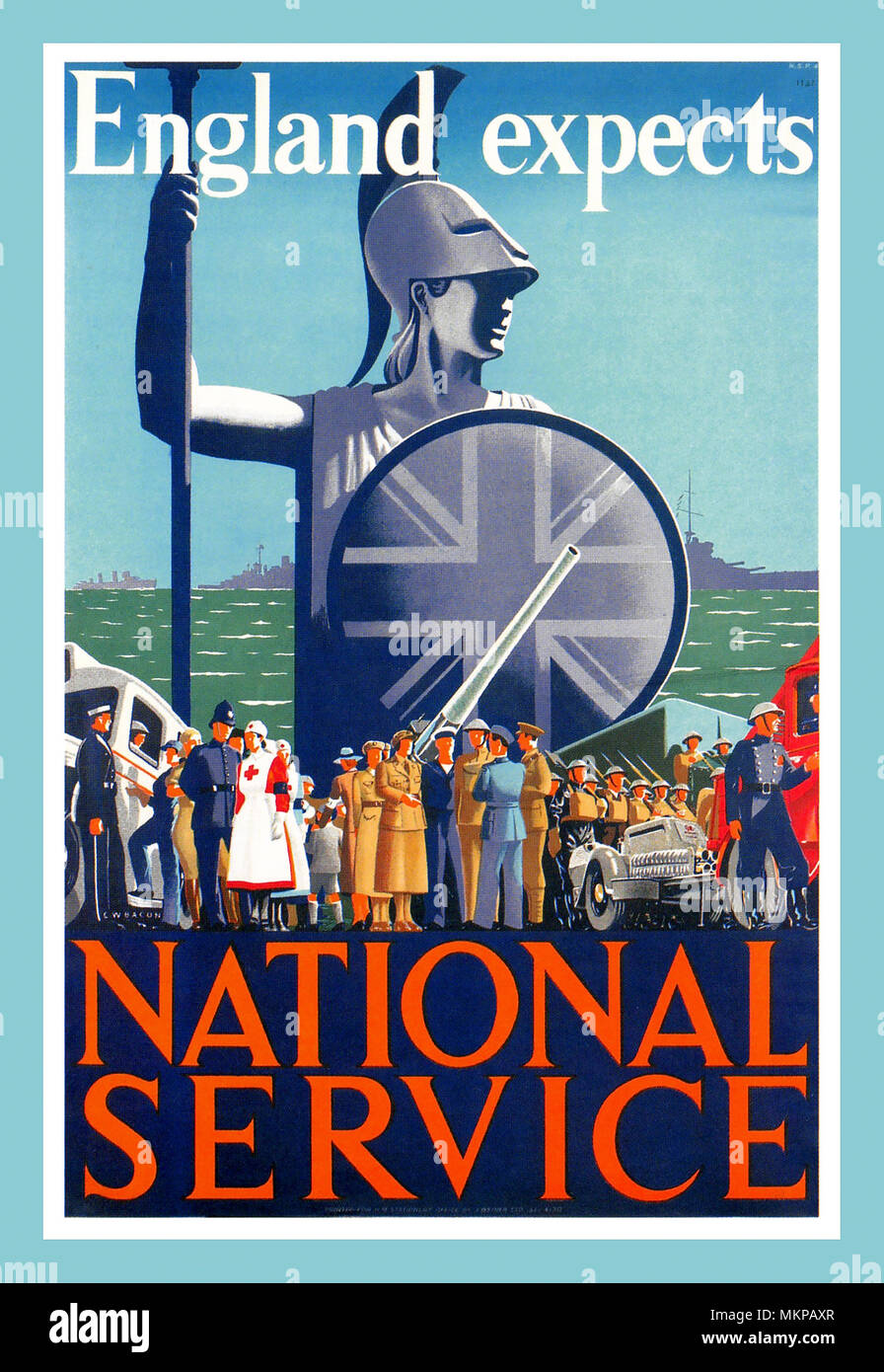 WW2 NATIONAL SERVICE Vintage Propaganda Military Recruitment Recruitment Recruiting Poster 1939 „ENGLAND ERWARTET“ NATIONAL SERVICE 2. Weltkrieg Stockfoto