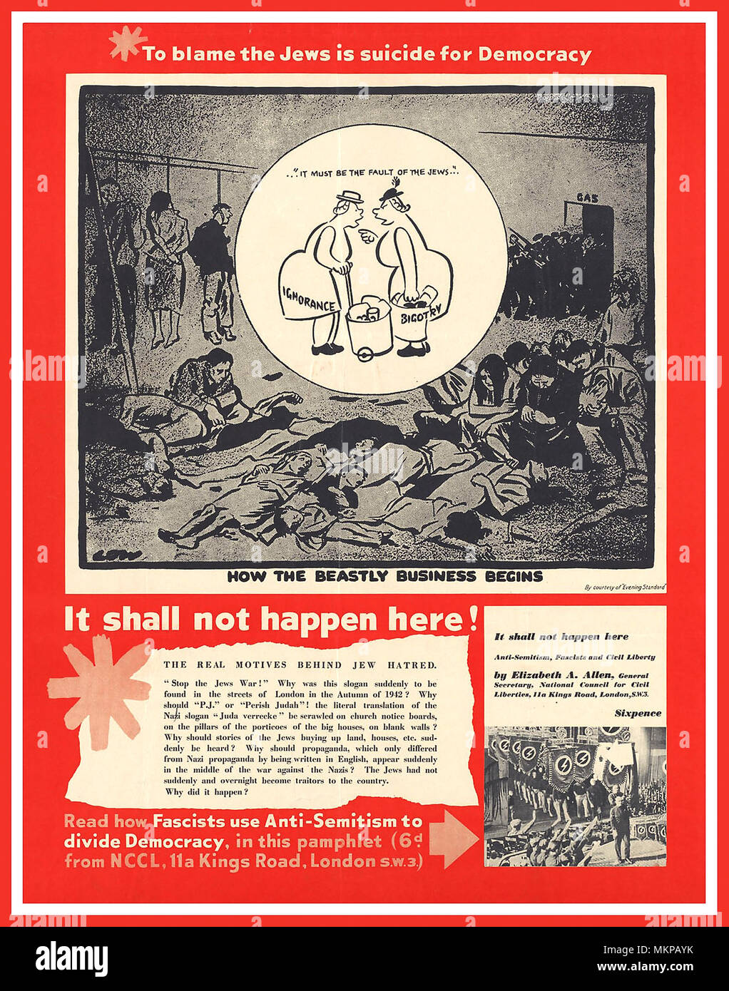 WW2 British Propaganda Anti Facist anti Jüdischen Diskriminierung Poster 1939-45 "die Juden die Schuld zu geben ist Selbstmord für Demokratie". "Wie die Beastly Business beginnt Es soll hier nicht geschehen!" Stockfoto