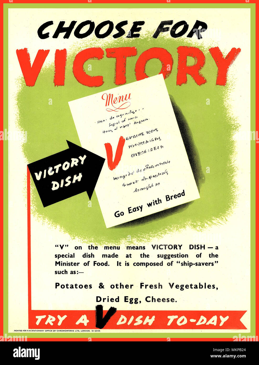 Vintage WW2 Propaganda Informationen Plakat 1943' für Sieg'' Sieg Dish' wählen. "Versuchen Sie, eine V Gericht To-Day' Regierung Ministerium für Ernährung Ermutigung auf Brot und knappe Objekte speichern und produzieren leicht verfügbaren Lebensmittel in die Kriegsanstrengungen zu helfen und auf die Einfuhren speichern Stockfoto