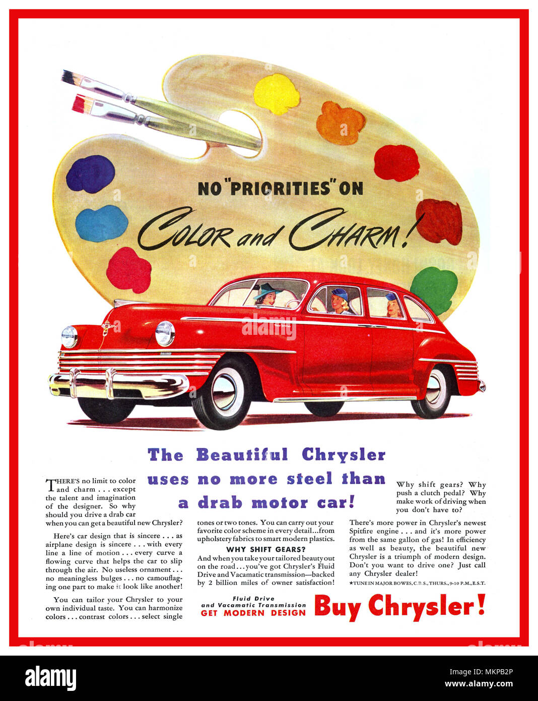 40er Vintage American Car hergestellt während des zweiten Weltkriegs den 1942 Chrysler New Yorker Sedan" keine Prioritäten auf Farbe und Charme" KAUFEN CHRYSLER' die schönen Chrysler nicht mehr Stahl verwendet, als einem tristen Motorcar" Stockfoto