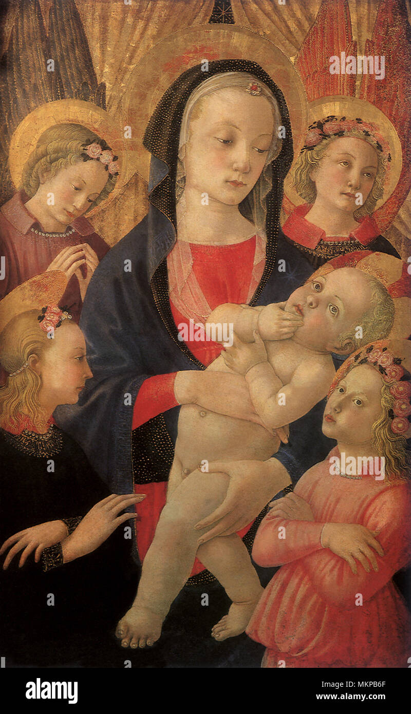 Die Jungfrau und Kind mit vier Engeln umgeben Stockfoto