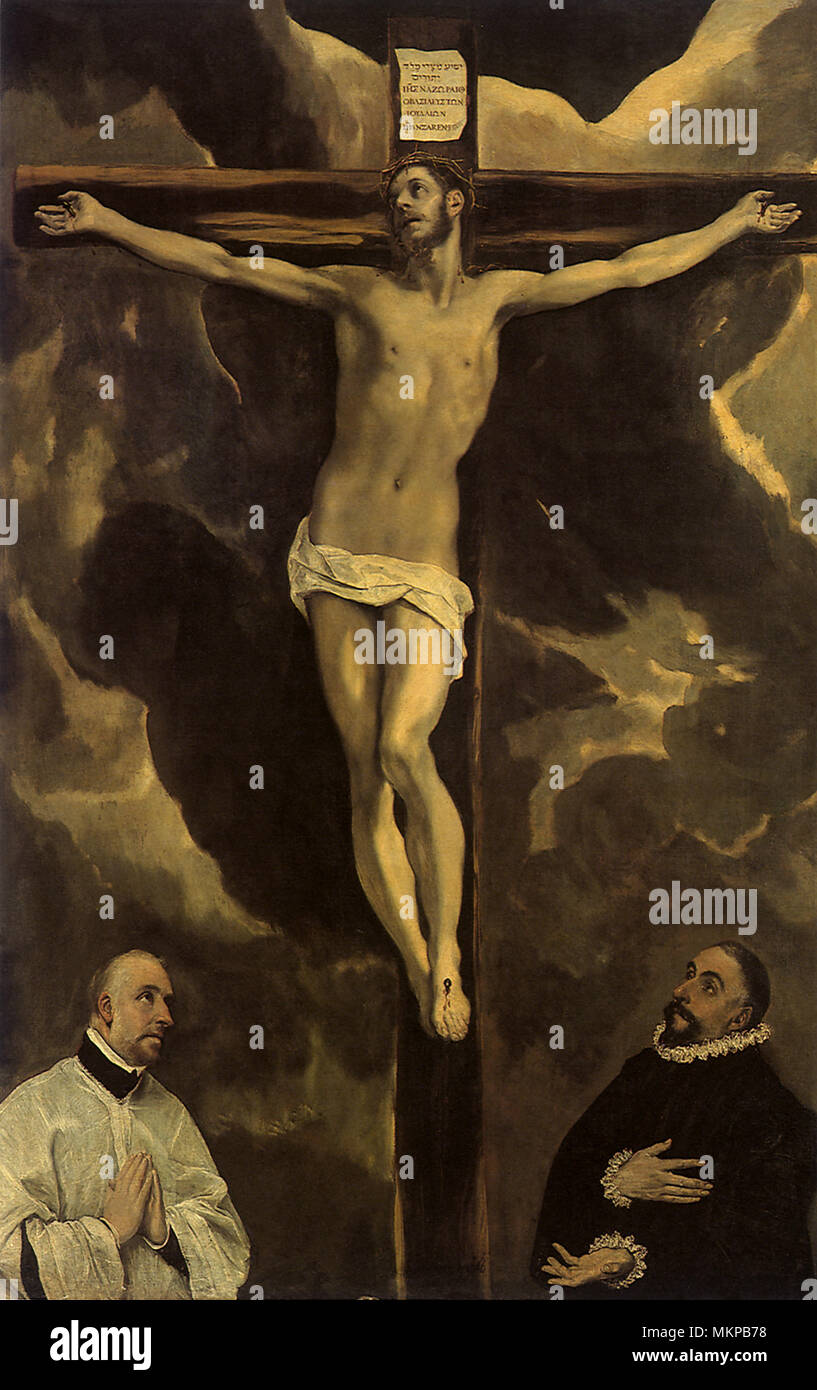 Christus am Kreuz durch zwei Spender angebetet Stockfoto