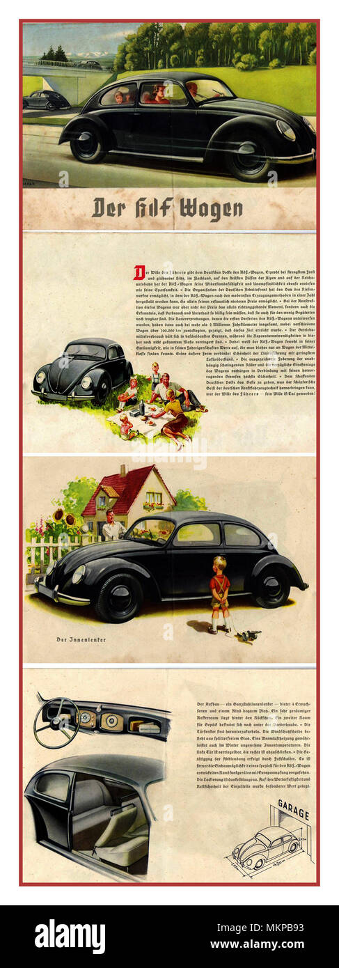 VOLKSWAGEN KDF Vintage-Werbung 1930 für den „KdF-Wagen“ VW Volkswagen Motorwagen. Adolf Hitlers Initiative, (für diejenigen, die durch ein Briefmarkenprogramm gerettet haben) ein „People's Car“ bereitzustellen, das von Ferdinand Porsche inspiriert und entworfen wurde Stockfoto