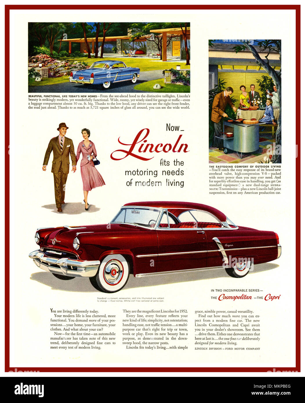 1952 American Lincoln Motor Auto Presse Werbung für Luxus und kosmopolitische Capri Modelle Ford Motor Company USA Stockfoto