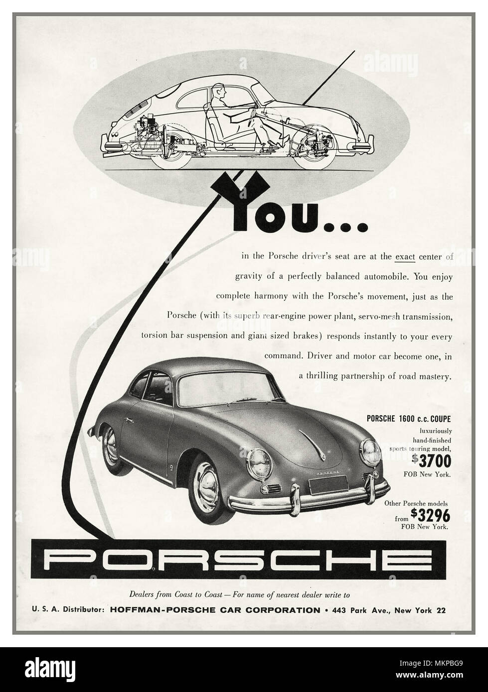 1950er Jahrgang deutschen Porsche Sportwagen Werbung Porsche 1600 Coupé - Oktober 1956 Presse Werbung in den USA. Porsche veröffentlicht die 356 A/1600 zur Welt mit Coupé und Cabriolet, Speedster stellen. Stockfoto