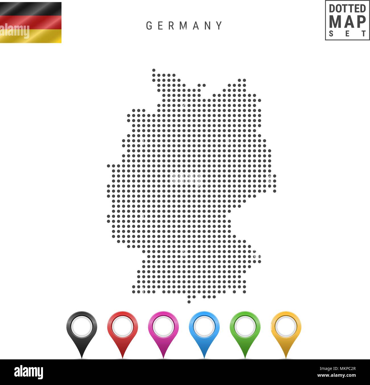 Vektor gepunktete Karte von Deutschland. Einfache Silhouette von Deutschland. Die Nationalflagge von Deutschland. Mehrfarbige Karte Markierungen Stock Vektor