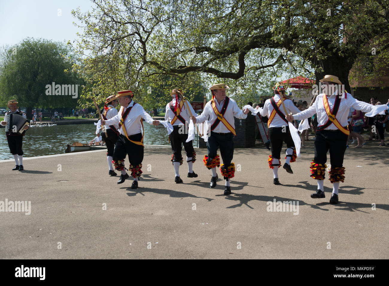 Stratford-upon-Avon, Warwickshire, England Großbritannien 7. Mai 2018 Shakespeare Morris Men tanzen vor der RSC in Bancroft Gärten Stockfoto