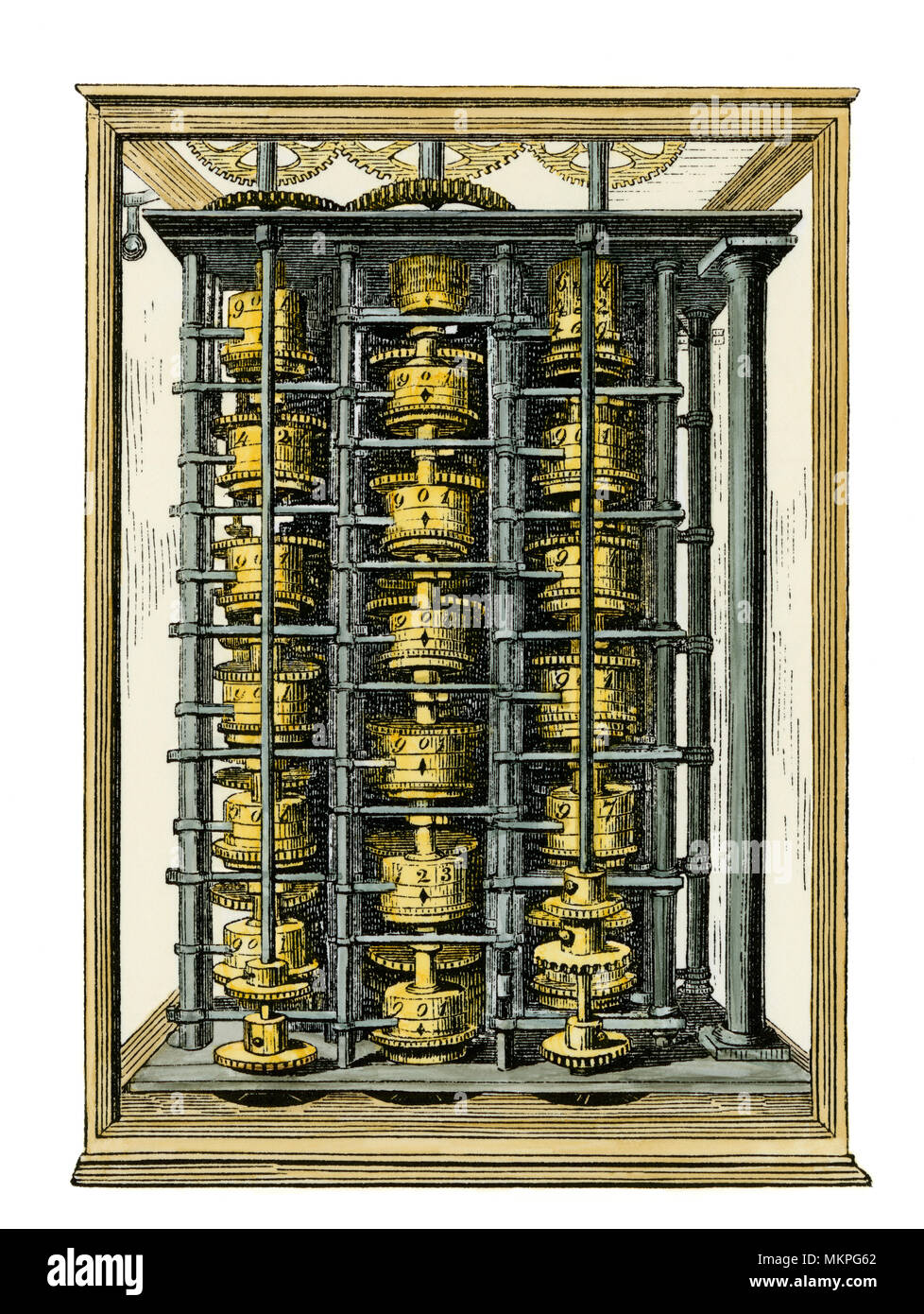 Charles Babbage Rechenmaschine, die 'difference engine", 1800. Hand - farbige Holzschnitt einer Abbildung Stockfoto