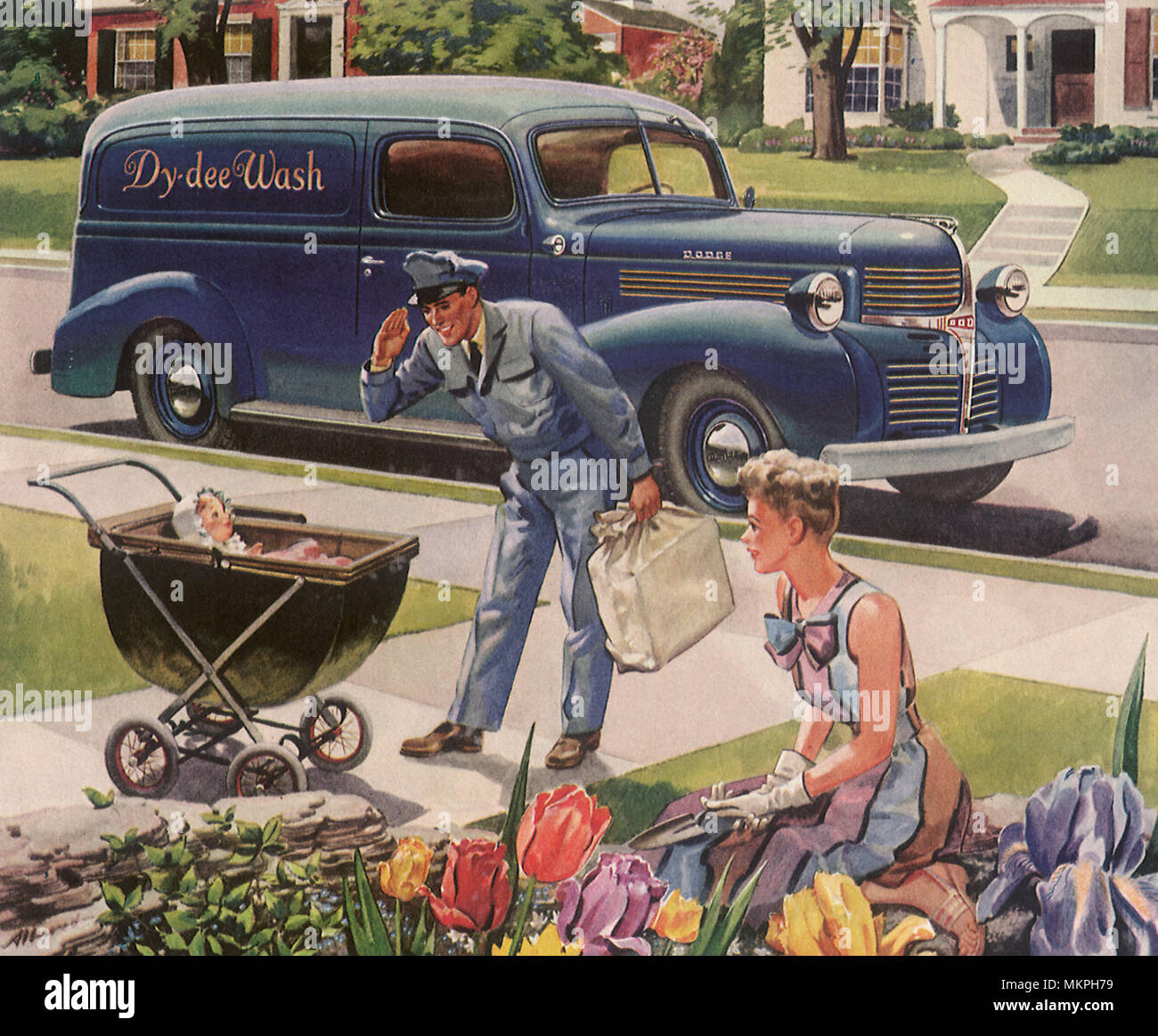 Mann mit Service-Lkw begrüßt zu Baby Stockfoto