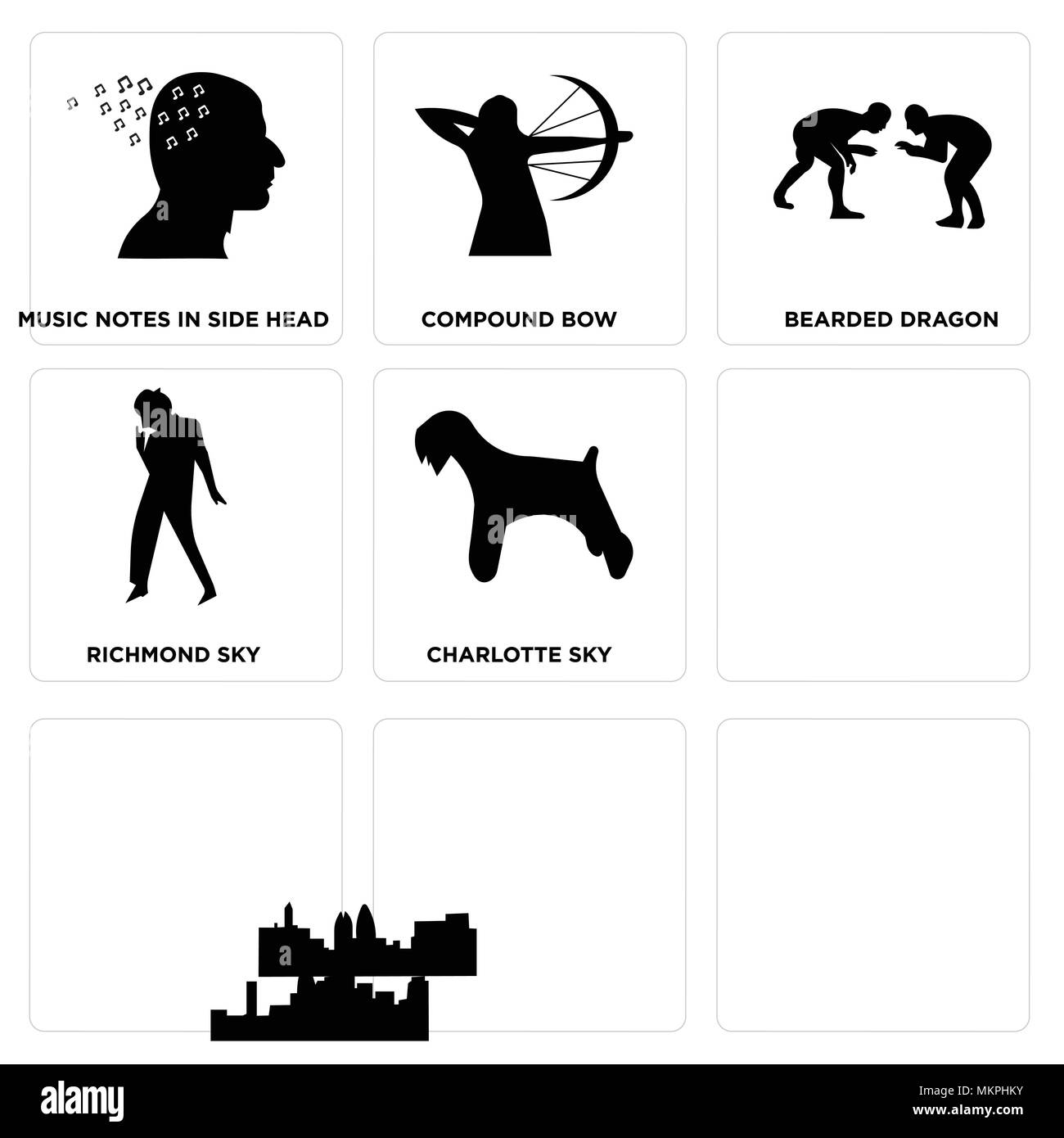 Satz von 9 einfache editierbare Ikonen wie Zwergschnauzer, Michael Jackson, Indianapolis sky, Ringen, Charlotte richmond Bartagamen, Compound Stock Vektor