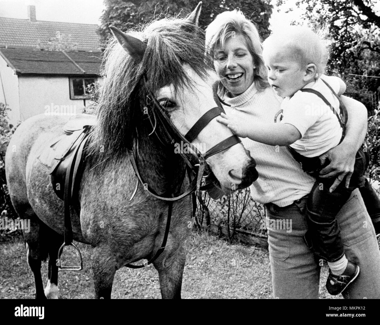 Simon Bostic, 23 Monate, Welham Green, Hatfield, ist zu einem Freund Pony seiner Mutter Elisabeth Bostic, 27 eingeführt. Simon wird Morgen finden Sie heraus, wenn sein Knochenmark Transplantation von vor zwei Monaten ein Erfolg wurde. * Stockfoto