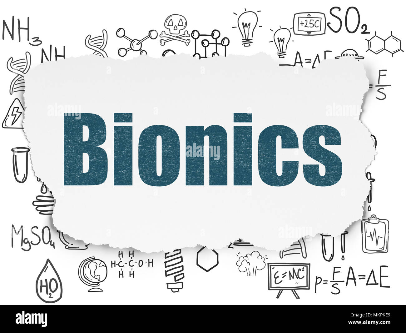Wissenschaft Konzept: blau lackiert Text Bionik auf zerrissenes Papier Hintergrund mit Hand gezeichnet Wissenschaft Symbole Stockfoto