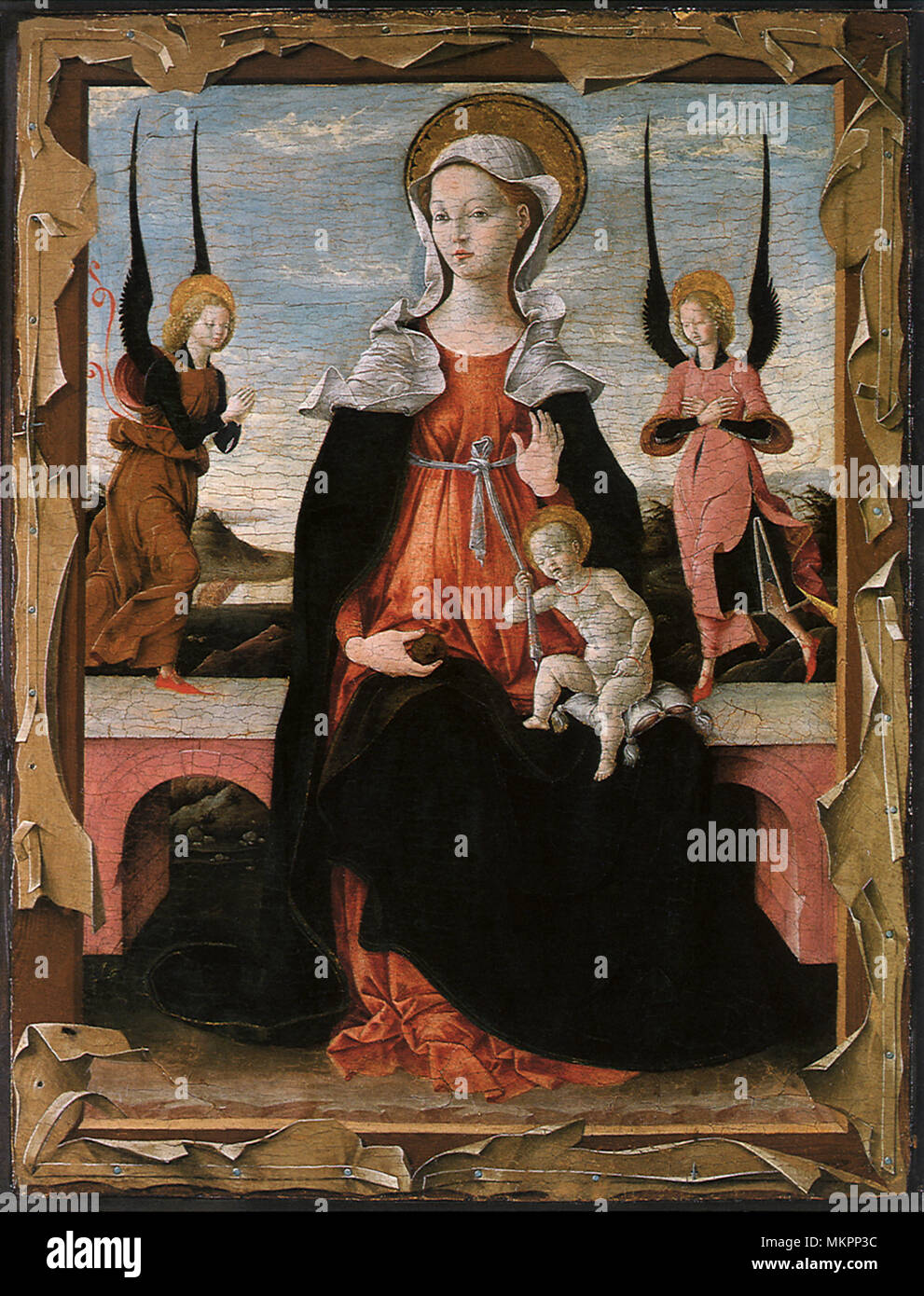 Die Jungfrau und Kind mit zwei Engel Stockfoto