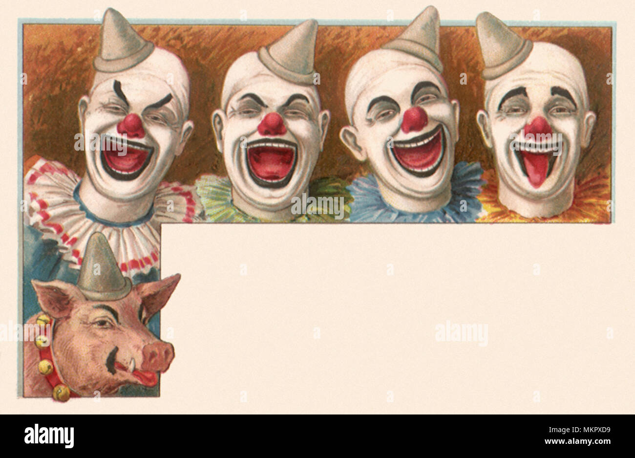 Vier Lachen Clowns und Schwein Stockfoto