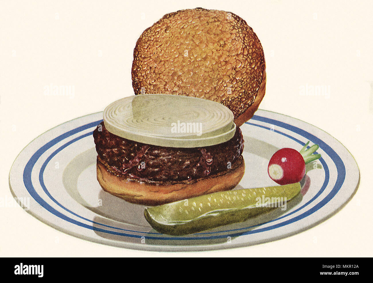 Hamburger mit Zwiebeln und Gurken Stockfoto