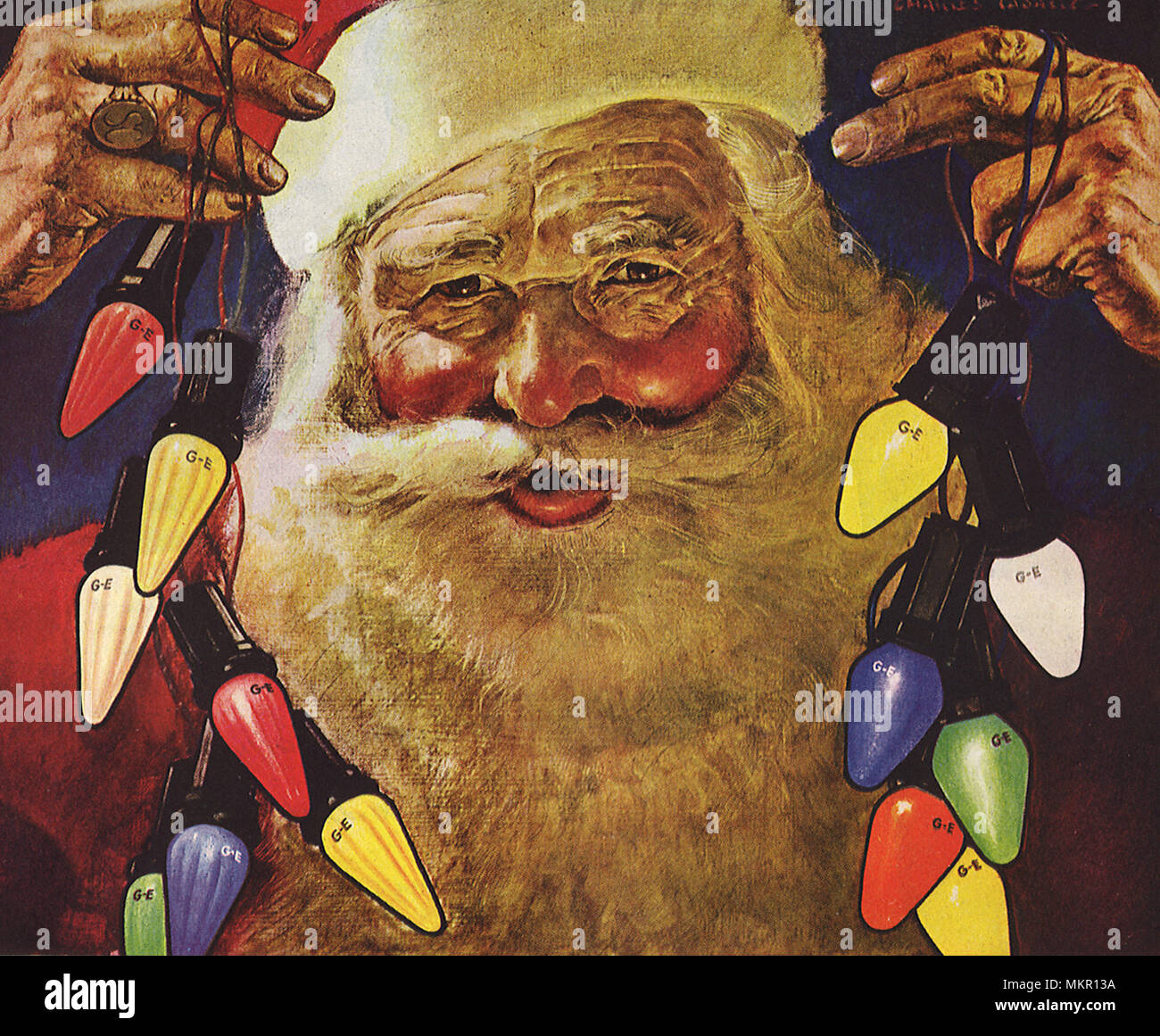 Santa Claus mit Weihnachtsbeleuchtung Stockfoto