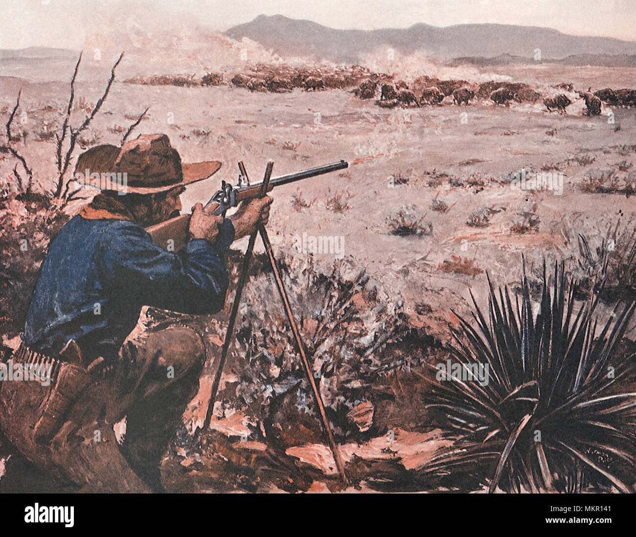 Cowboy Jagd Buffalo montiert mit Gewehr Stockfoto