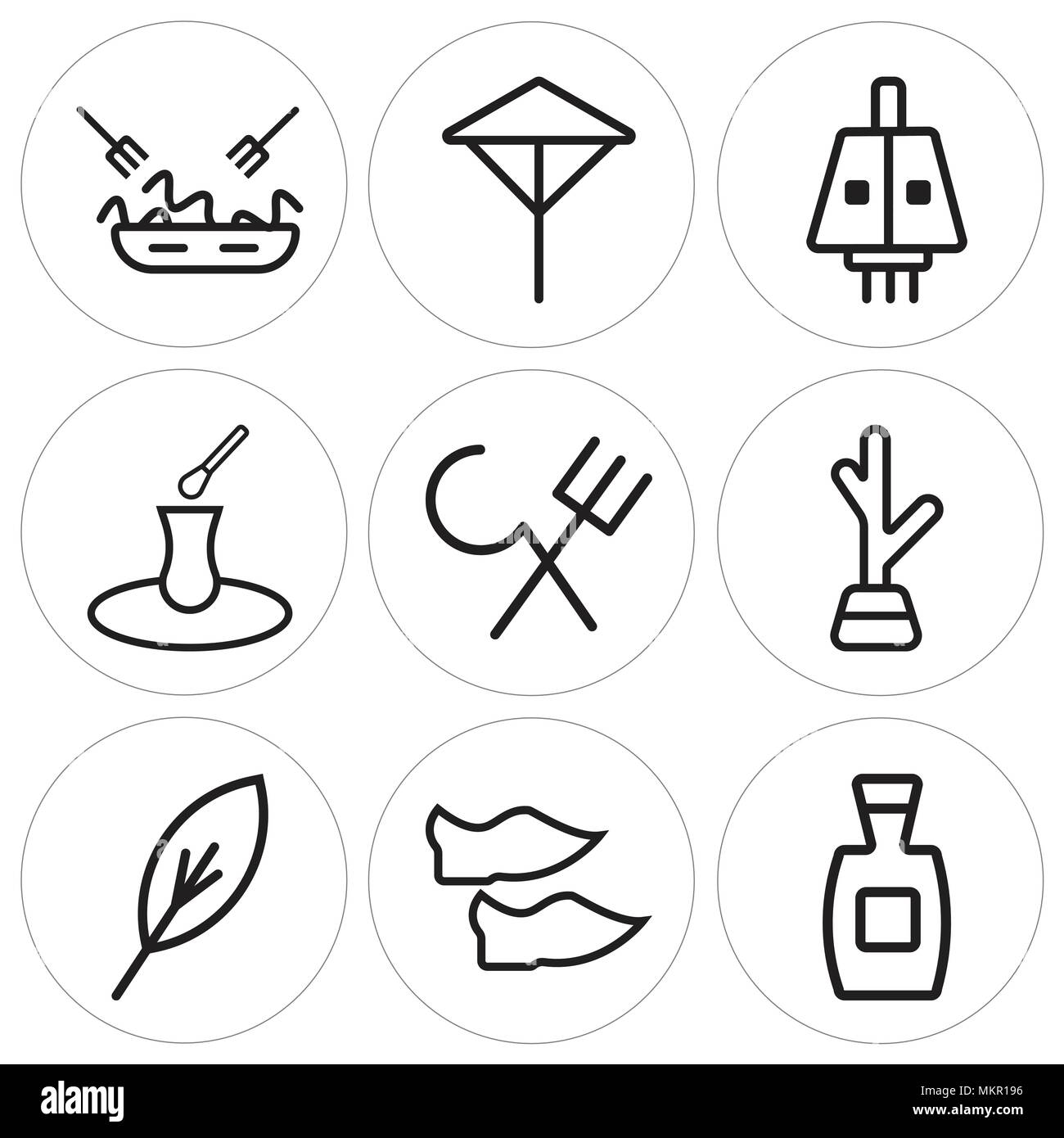 Satz von 9 einfache editierbare Symbole wie Tequila, Schuhe, Feder, Kaktus, ägyptischen, Tee, Lampe, Regenschirm, Pasta, kann für mobile, Web verwendet werden. Stock Vektor