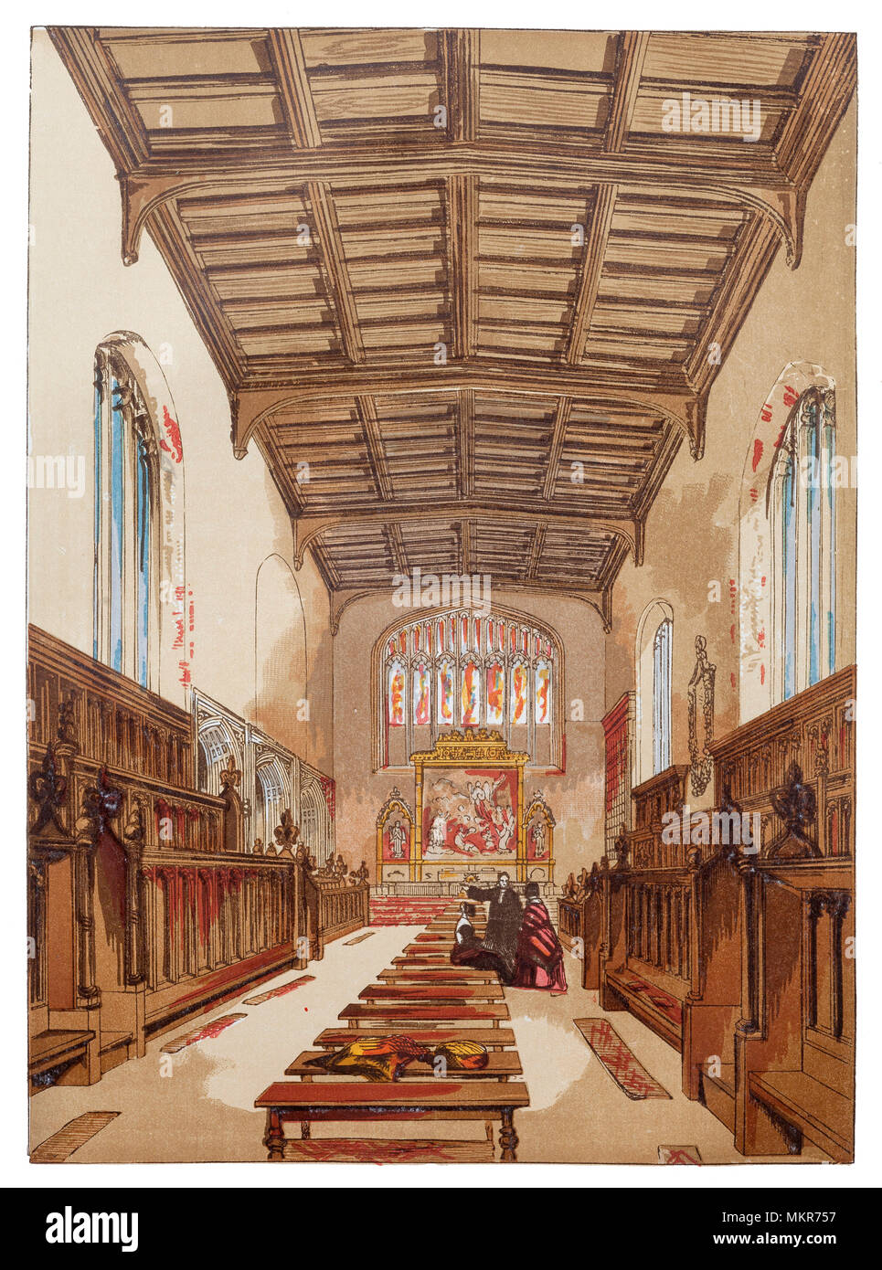 Die Kapelle von St. John's College wurde zwischen 1866 und 1869 nach einem Entwurf von Sir George Gilbert Scott gebaut das kleinere, mittelalterliche Kapelle, die bis in das 13. Jahrhundert zu ersetzen. Die Site wurde ursprünglich durch das Krankenhaus St. Johannes der Evangelist, wahrscheinlich um 1200 gegründet beschäftigt, aber durch die Anfang des 16. Jahrhunderts war das Krankenhaus verfallen und leiden unter einem Mangel an Mitteln. St John's College ist ein College der Universität Cambridge. Stockfoto Die Kapelle von St. John's College wurde zwischen 1866 und 1869 nach einem Entwurf von Sir George Gilbert Scott gebaut das kleinere, mittelalterliche Kapelle, die bis in das 13. Jahrhundert zu ersetzen. Die Site wurde ursprünglich durch das Krankenhaus St. Johannes der Evangelist, wahrscheinlich um 1200 gegründet beschäftigt, aber durch die Anfang des 16. Jahrhunderts war das Krankenhaus verfallen und leiden unter einem Mangel an Mitteln. St John's College ist ein College der Universität Cambridge. Stockfoto