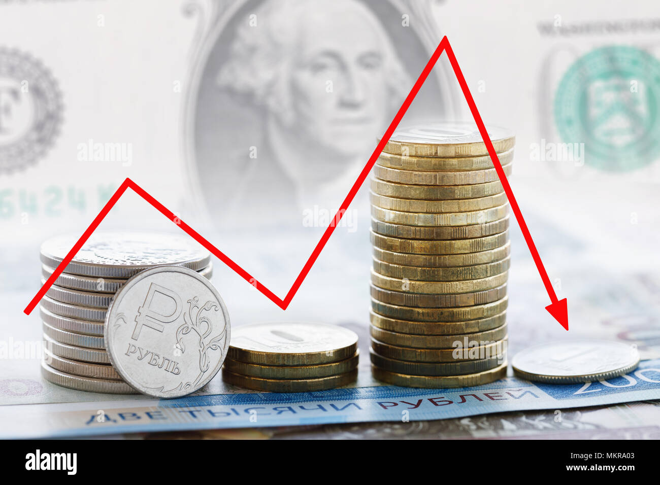 Fall des russischen Rubels gegenüber dem US-Dollar. Ein Stapel von Münzen mit einer Senkung der Grafik Stockfoto