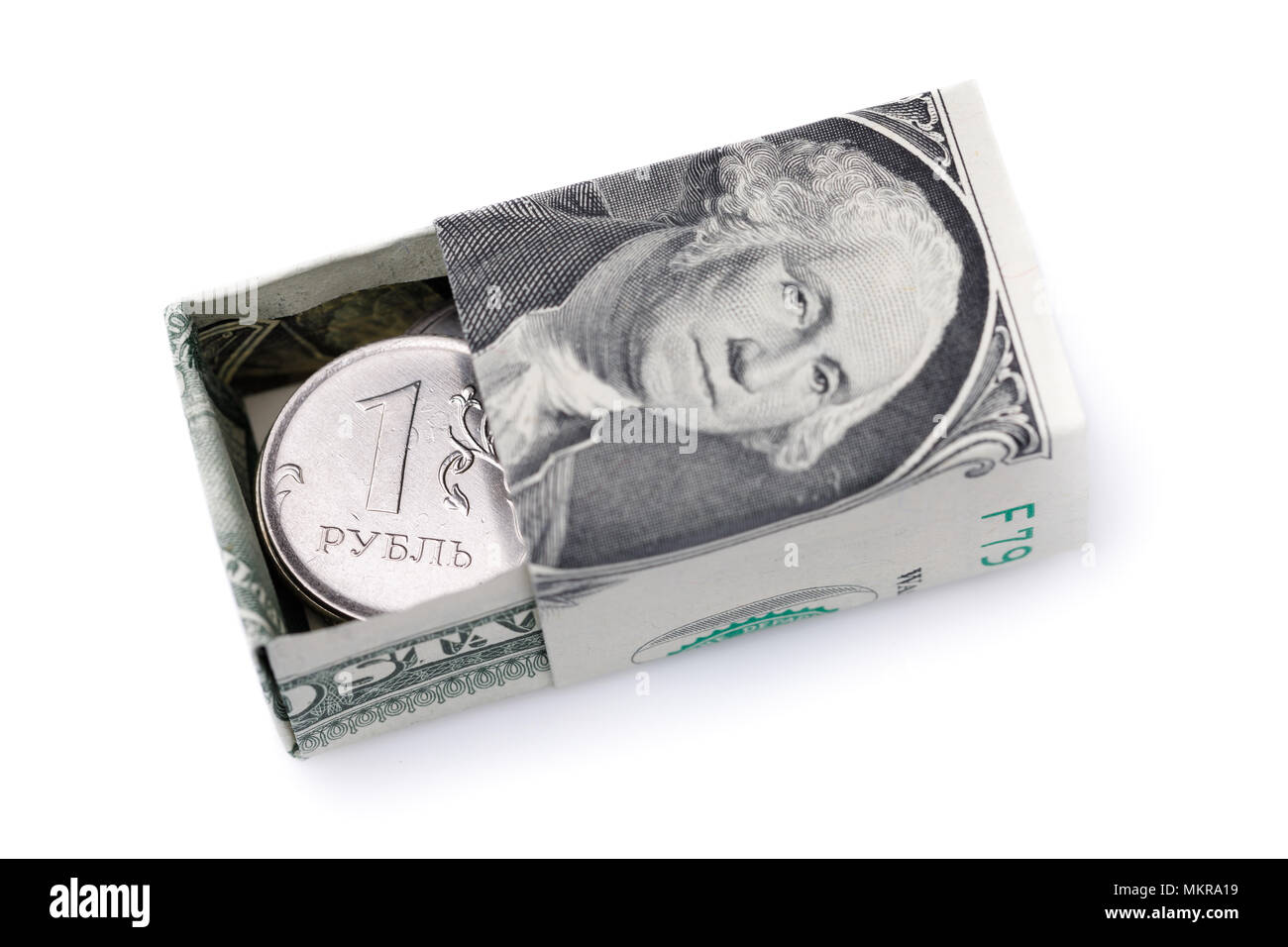 Zuverlässige Speicherung von Geld. Russische Rubel, aus US-Dollar, auf weißem Hintergrund Stockfoto