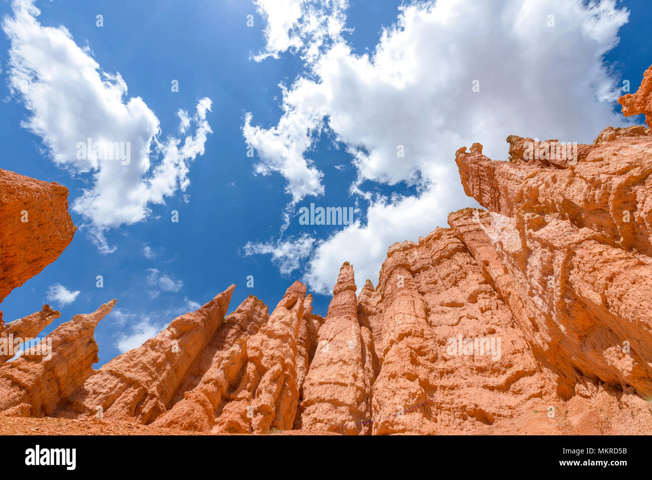 Hoodoos im Himmel - Bunte Sandstein Hoodoos, gegen den strahlend blauen Himmel und weiße Wolken, am Queens Garden des Bryce Canyon National Park, Utah, USA. Stockfoto