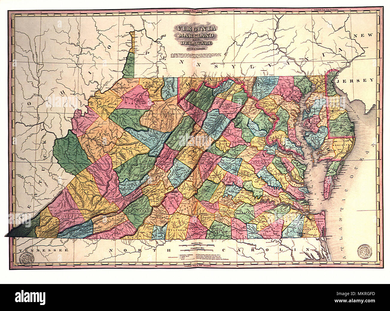 Karte von Virginia, Maryland und Delaware 1827 Stockfoto