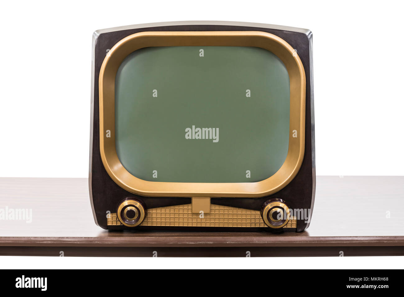 Jahrgang 1950 s-Fernsehen auf Tabelle auf Weiß mit Freistellungspfad isoliert. Stockfoto