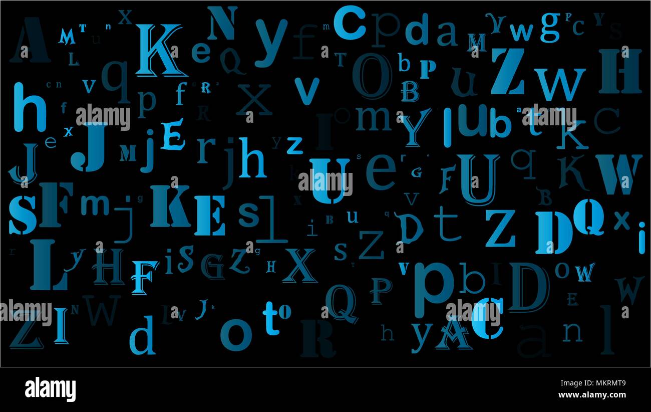 Zufällige Buchstaben des englischen Alphabets Hintergrund Design auf Schwarz Stock Vektor